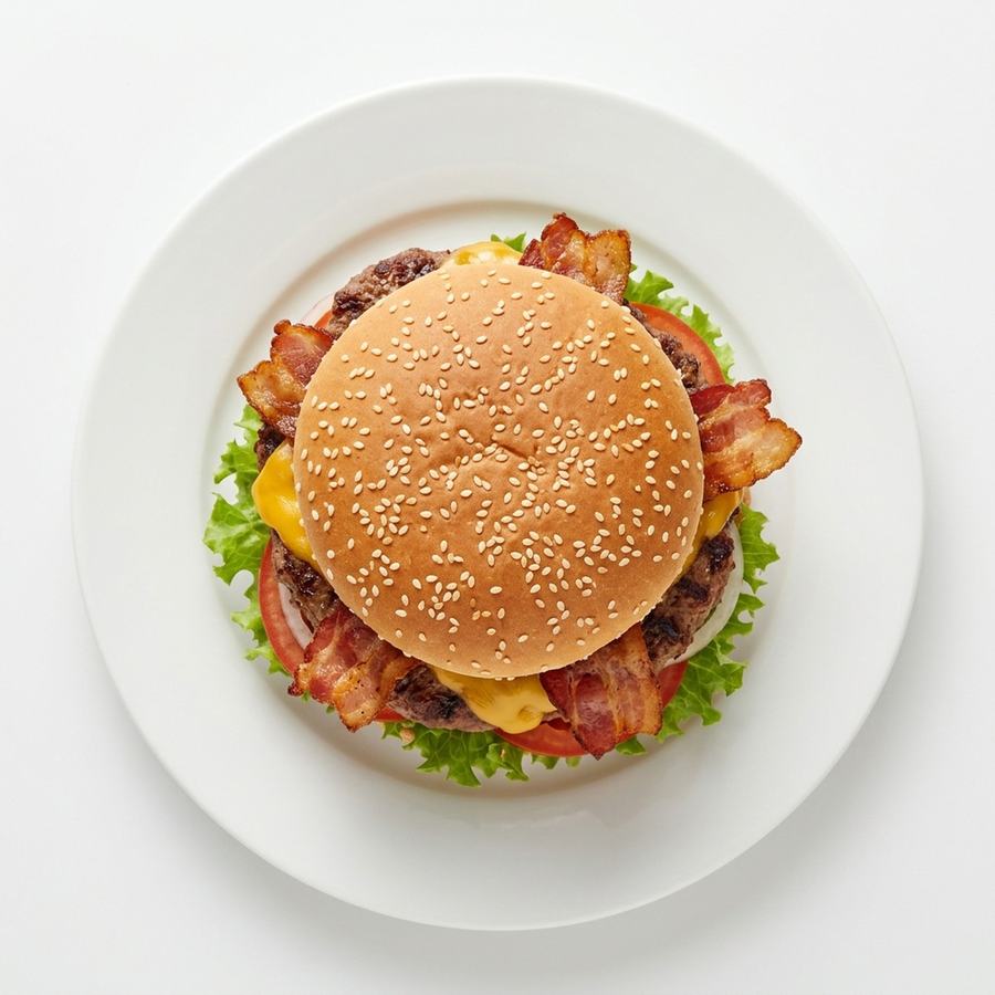 Hamburguesa XL con tocineta, queso y tomate en un plato